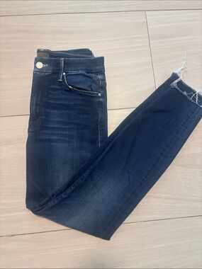 MOTHER Dark Indigo Skinny Jeans with Frayed Hem